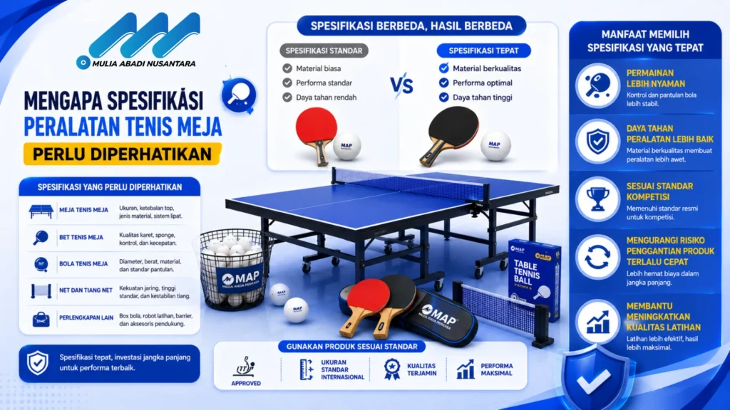 Banner pentingnya memperhatikan spesifikasi peralatan tenis meja dengan ilustrasi meja tenis, bet, bola, net, serta ikon kualitas, performa, dan standar kompetisi dalam desain modern bernuansa biru.