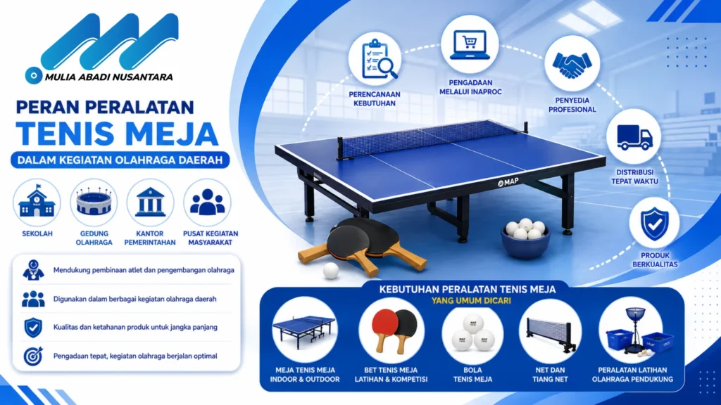 Banner peran peralatan tenis meja dalam kegiatan olahraga daerah dengan ilustrasi meja tenis, bet, bola, net, ikon sekolah dan fasilitas olahraga, serta logo perusahaan di sudut kiri atas dalam desain modern bernuansa biru.