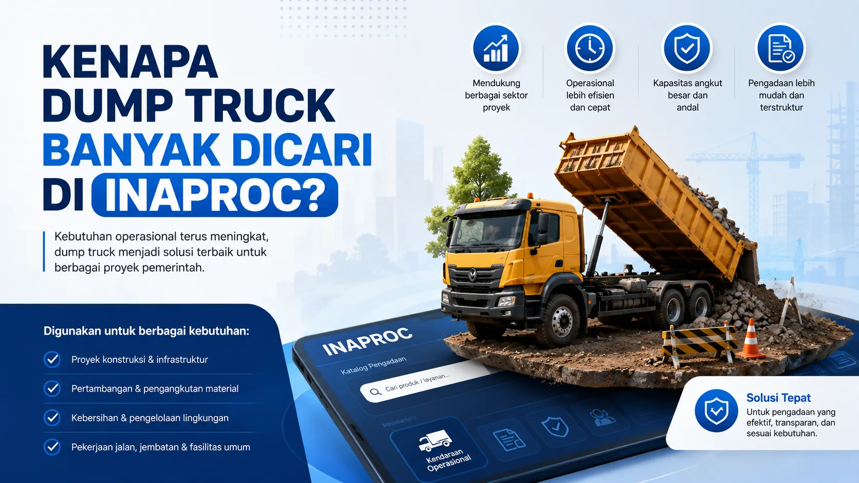 Ilustrasi dump truck operasional di platform INAPROC untuk mendukung proyek konstruksi dan pengadaan pemerintah.