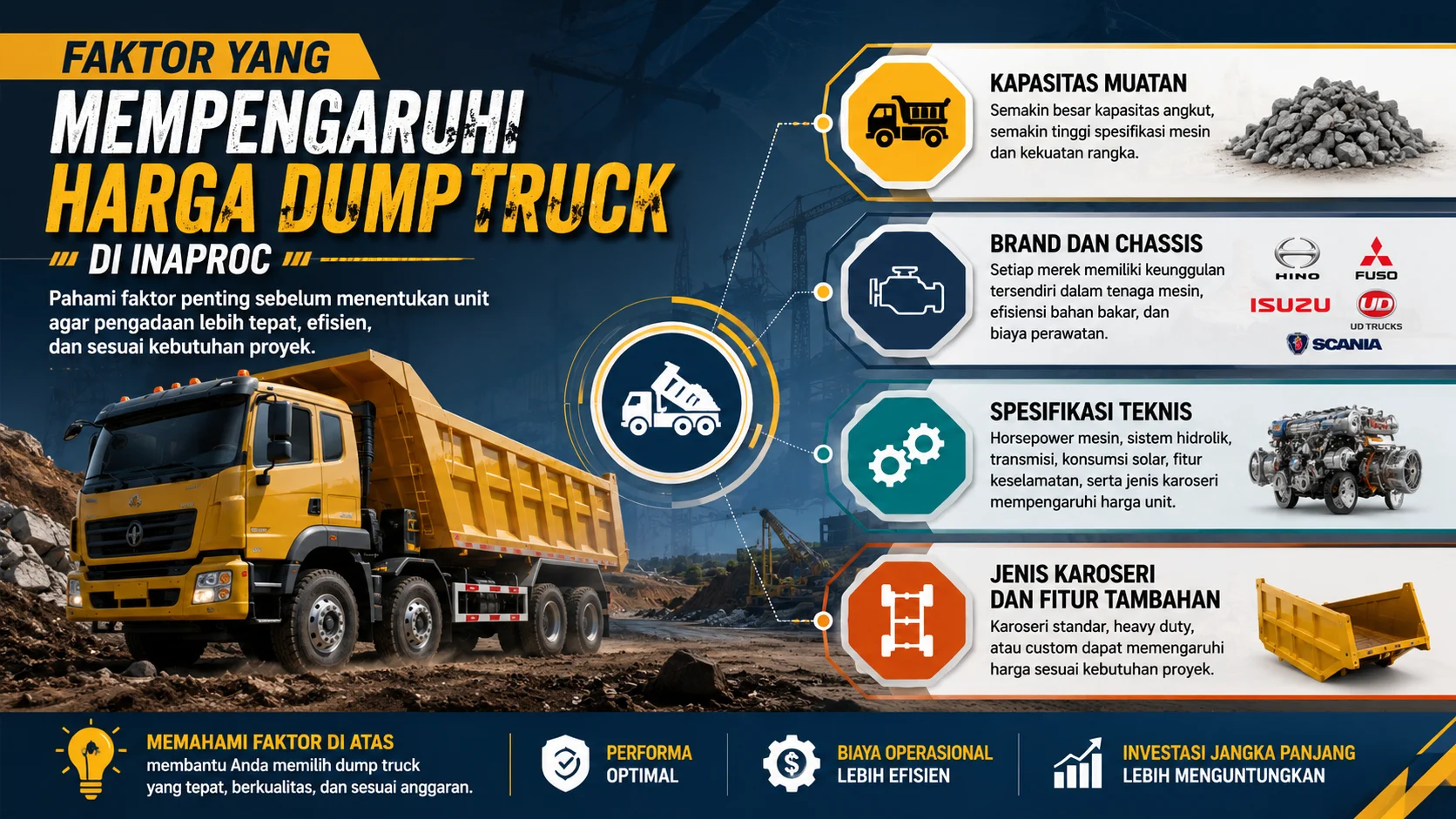 infografis faktor yang mempengaruhi harga dump truck di INAPROC seperti kapasitas muatan, brand chassis, dan spesifikasi teknis.