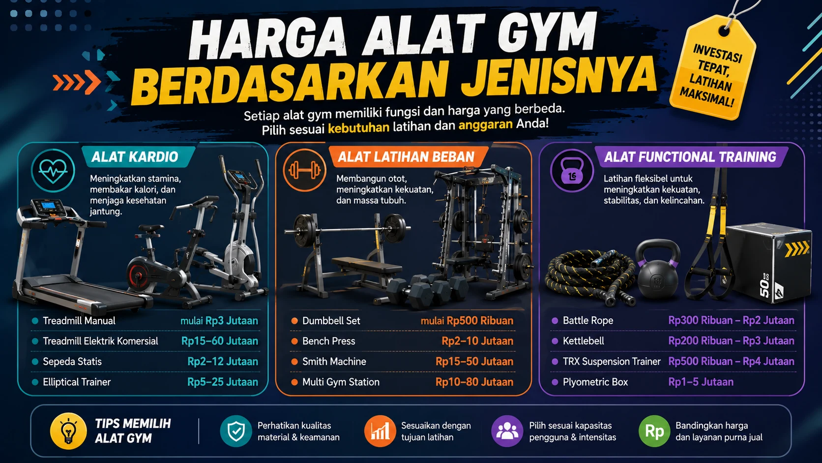 infografis modern tentang harga alat gym berdasarkan jenisnya yang menampilkan alat kardio, alat latihan beban, dan functional training lengkap dengan kisaran harga serta tips memilih alat gym sesuai kebutuhan.