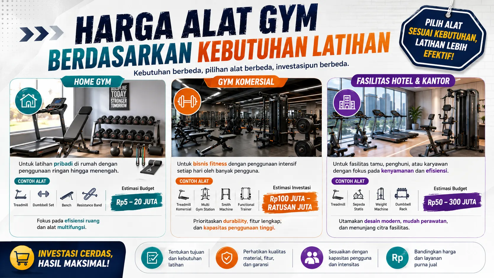 infografis modern tentang harga alat gym berdasarkan kebutuhan latihan dengan ilustrasi home gym, gym komersial, dan fasilitas gym hotel atau kantor lengkap dengan contoh alat dan estimasi budget.