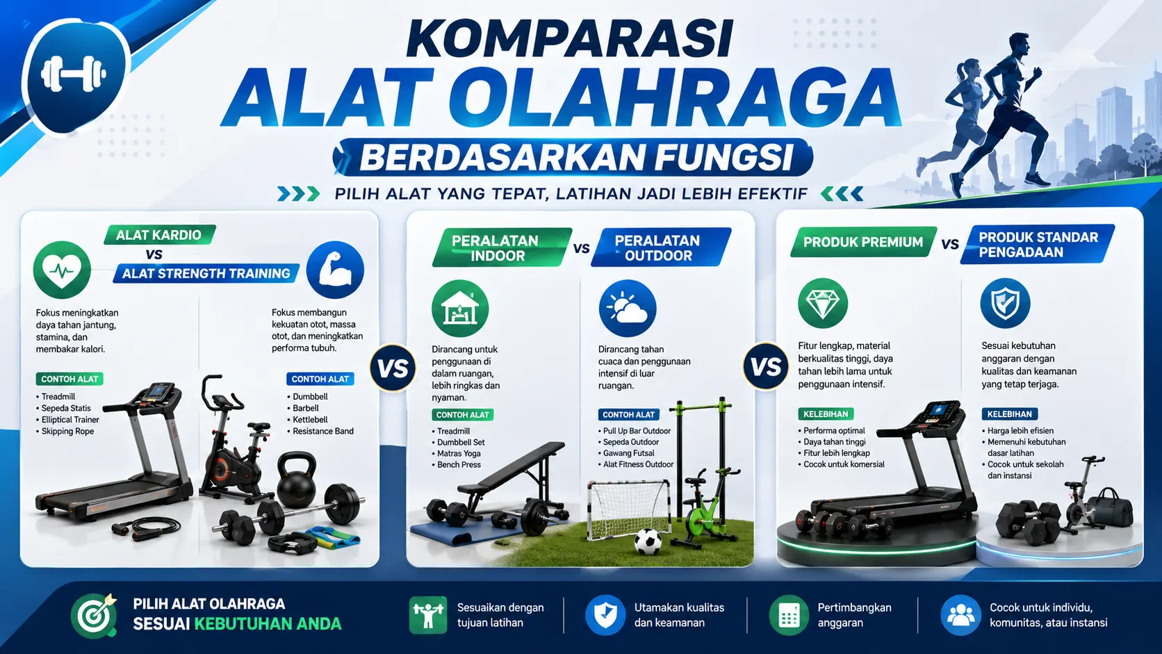 Komparasi Alat Olahraga berdasarkan fungsi latihan kardio, strength training, peralatan indoor dan outdoor untuk mendukung aktivitas fisik yang lebih efektif.