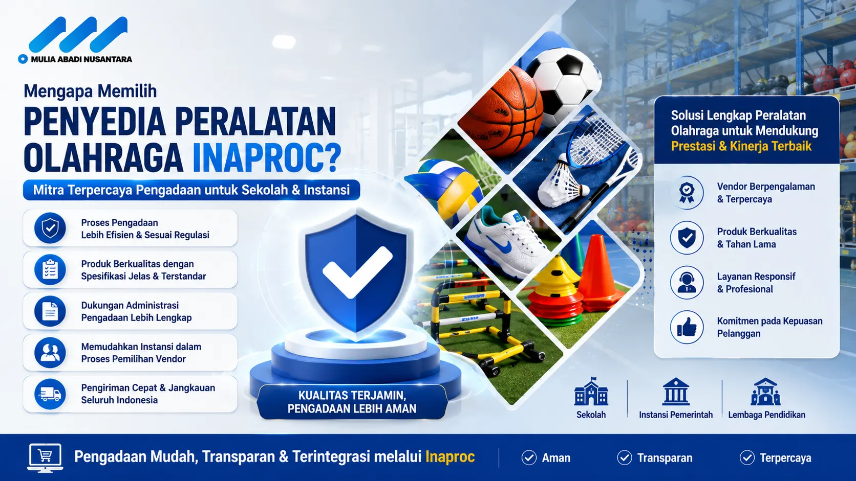 Banner penyedia peralatan olahraga Inaproc dengan ilustrasi perlengkapan olahraga sekolah, alat latihan, bola olahraga, dan simbol perlindungan sebagai solusi pengadaan yang aman dan terpercaya.