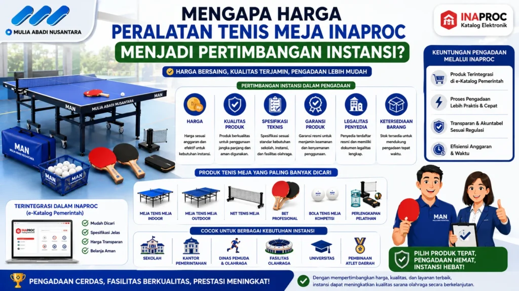 Banner pengadaan peralatan tenis meja INAPROC dengan fokus harga, kualitas, dan efisiensi untuk instansi.