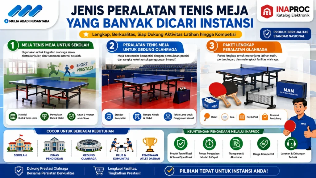 Banner jenis peralatan tenis meja untuk sekolah, instansi, dan fasilitas olahraga.