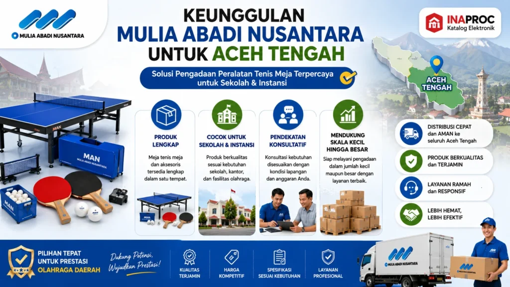 Infografis keunggulan Mulia Abadi Nusantara untuk pengadaan tenis meja di Aceh Tengah.