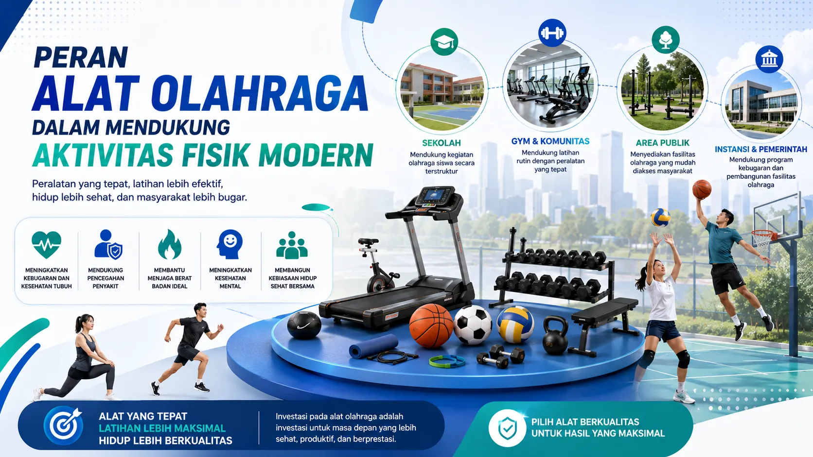 Alat Olahraga modern seperti treadmill, dumbbell, bola basket, dan perlengkapan fitness untuk mendukung aktivitas fisik sehat di sekolah, gym, area publik, dan fasilitas olahraga.
