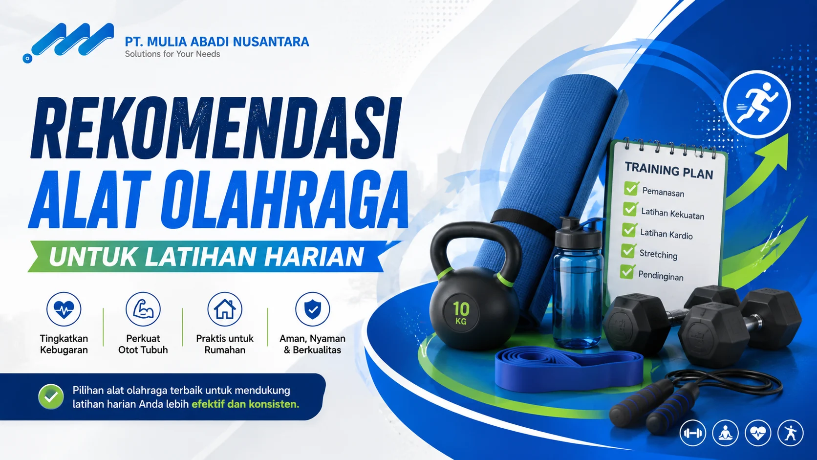 Rekomendasi alat olahraga untuk latihan harian dengan kettlebell, dumbbell, resistance band, matras yoga, dan skipping rope yang praktis digunakan di rumah.