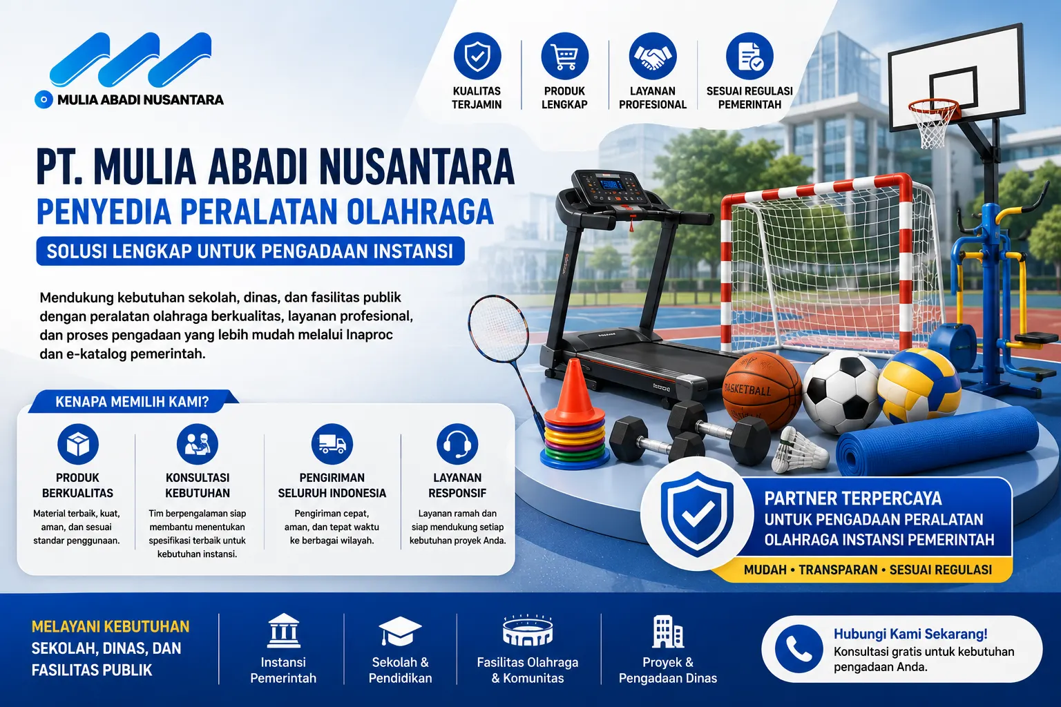 Banner PT. MULIA ABADI NUSANTARA sebagai penyedia peralatan olahraga dengan ilustrasi alat fitness, bola olahraga, raket badminton, matras, dan perlengkapan olahraga untuk sekolah serta fasilitas publik.