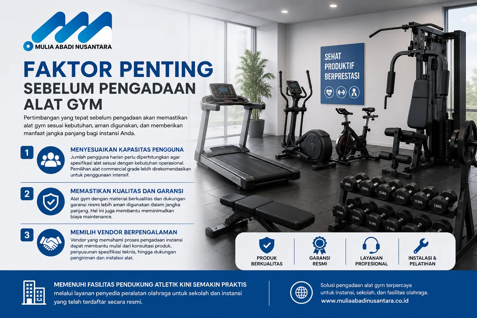 Faktor penting sebelum pengadaan alat gym Inaproc dengan perlengkapan fitness lengkap dan logo PT Mulia Abadi Nusantara untuk instansi dan sekolah