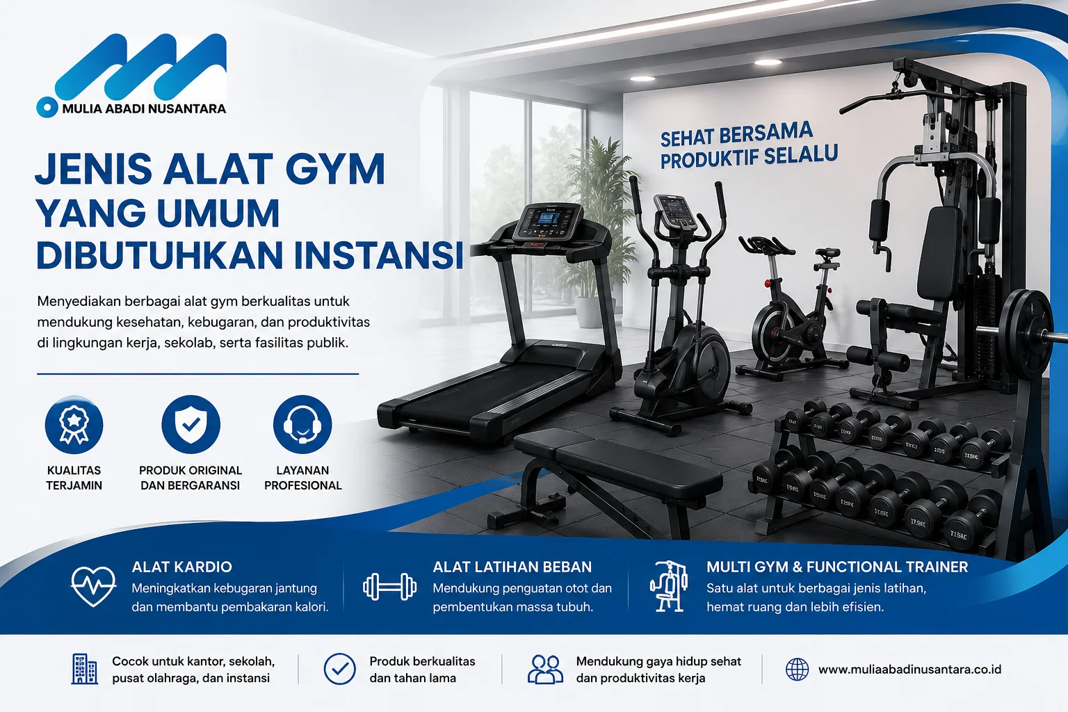 Jenis alat gym untuk instansi dengan treadmill, alat fitness, dan logo PT Mulia Abadi Nusantara di Inaproc