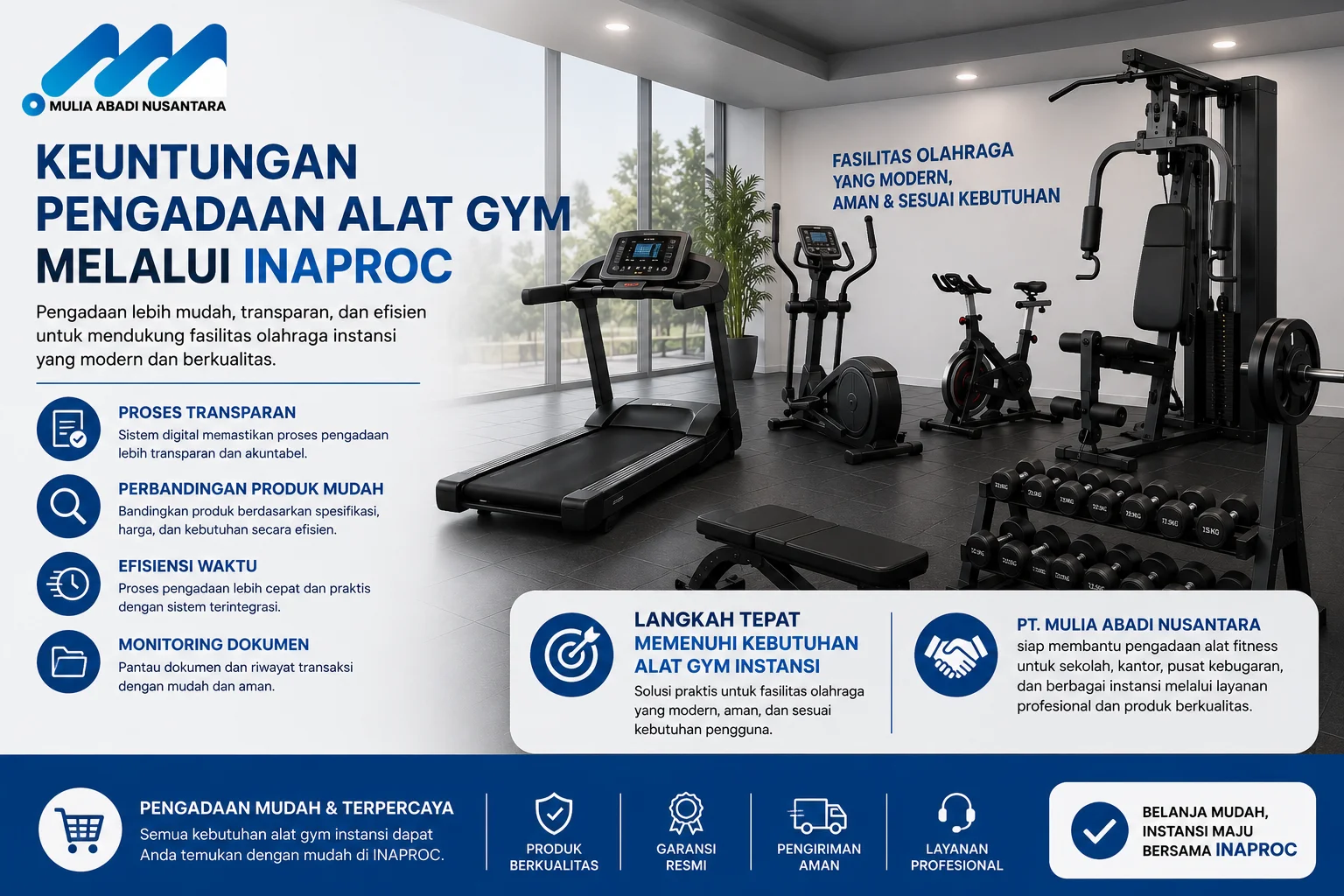 Keuntungan pengadaan alat gym melalui Inaproc dengan fasilitas fitness modern dan logo PT Mulia Abadi Nusantara untuk kebutuhan instansi dan sekolah