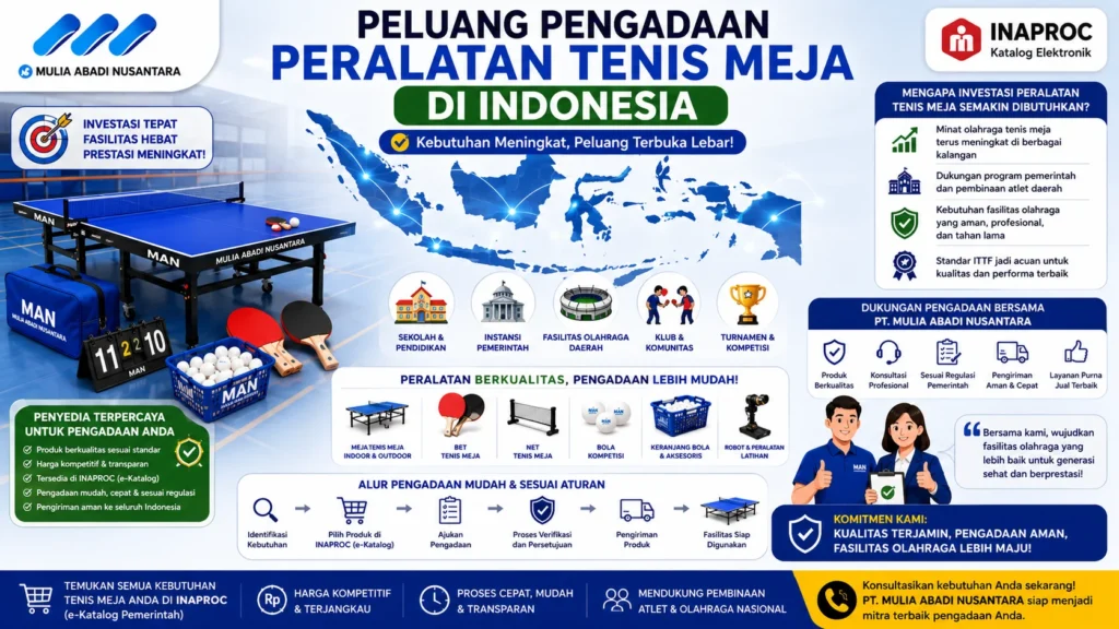 Banner peluang pengadaan peralatan tenis meja di Indonesia untuk sekolah, instansi pemerintah, dan fasilitas olahraga.
