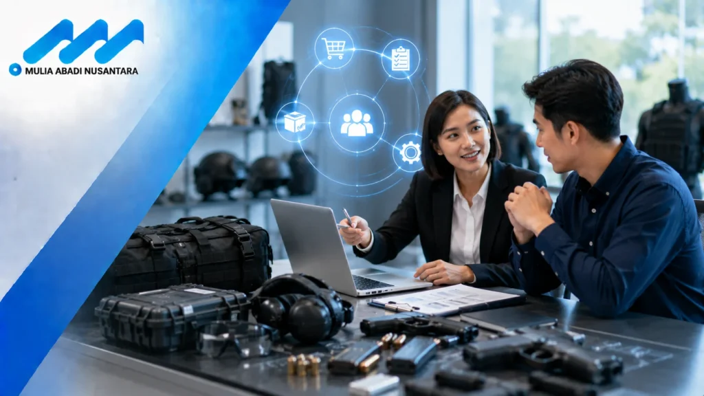 Konsultasi kebutuhan pengadaan antara klien dan konsultan profesional dengan perlengkapan taktis serta dukungan perencanaan digital
