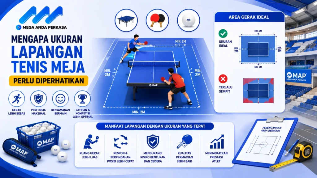 Banner pentingnya ukuran lapangan tenis meja dengan ilustrasi pemain tenis meja, area bermain ideal, meja tenis, dan ikon kenyamanan, performa, serta keselamatan dalam desain modern bernuansa biru.