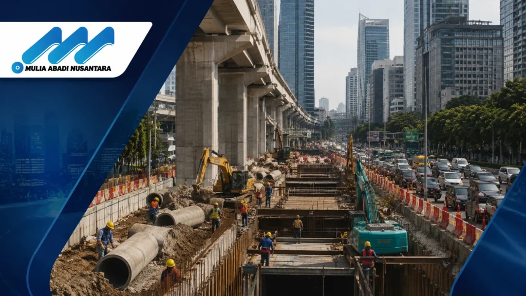 Pekerjaan pembangunan infrastruktur di kawasan perkotaan padat dengan metode konstruksi khusus dan alat berat modern.