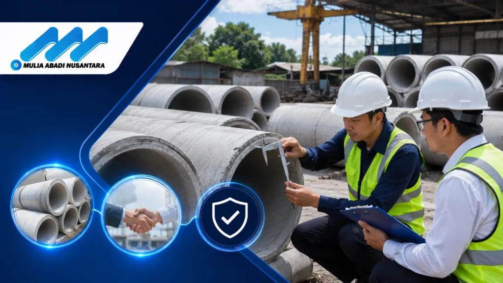 Tim inspeksi melakukan pengecekan kualitas pipa asbestos cement untuk memastikan standar mutu dan keandalan pemasok proyek.