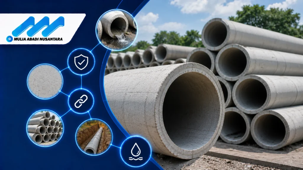 Pipa asbestos cement untuk jaringan distribusi air dan drainase dengan karakteristik kuat, tahan lama, dan sesuai kebutuhan infrastruktur.