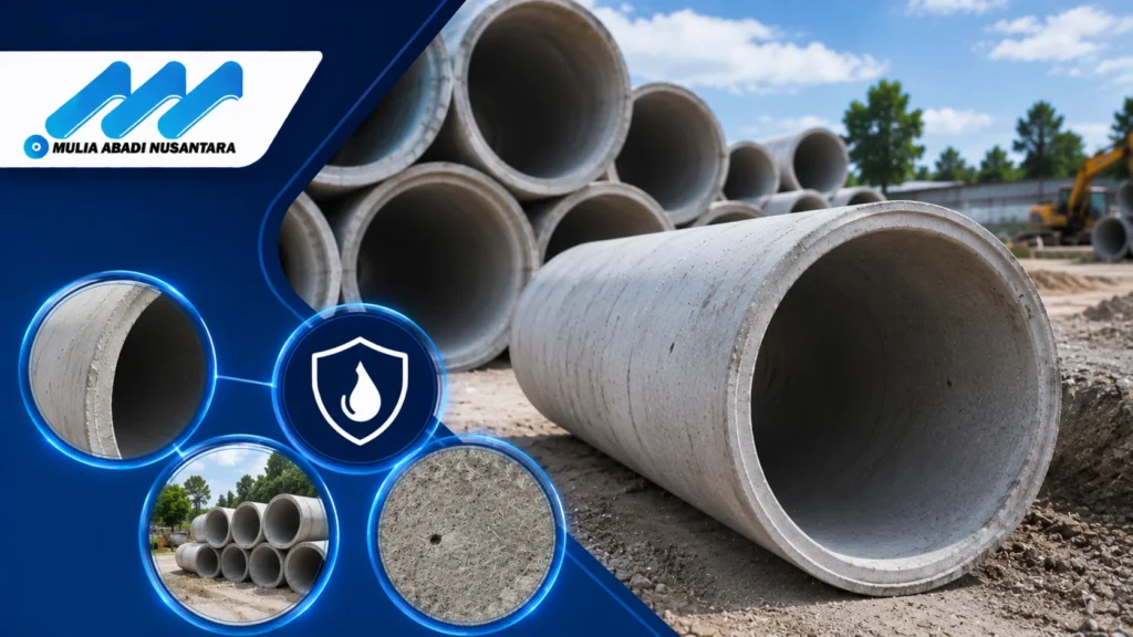 Pipa asbestos cement dengan karakteristik kuat, tahan korosi, dan cocok digunakan untuk jaringan utilitas serta infrastruktur perpipaan.