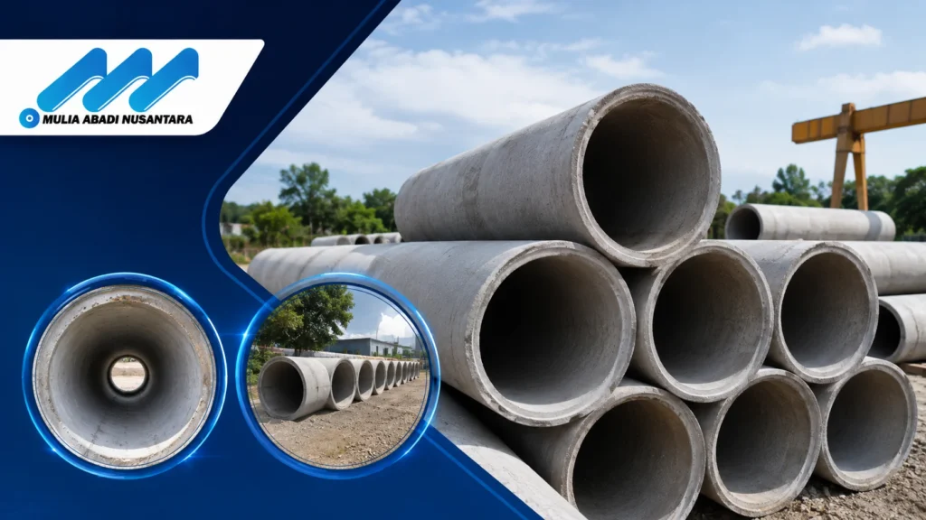 Deretan pipa asbestos cement untuk jaringan drainase dan distribusi air pada proyek infrastruktur sipil.