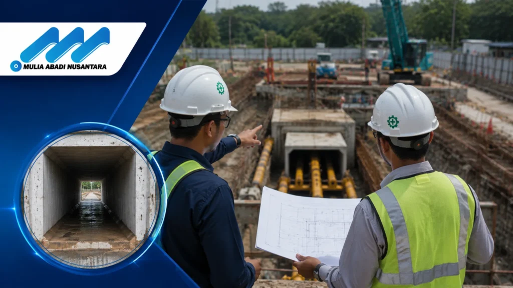 Tim teknik mengevaluasi solusi culvert jacking untuk proyek infrastruktur perkotaan dengan sistem pemasangan box culvert tanpa gangguan lalu lintas signifikan.