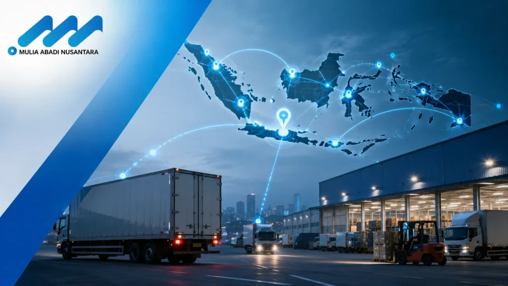 Distribusi logistik dengan armada truk dan jaringan pengiriman yang menjangkau berbagai wilayah Indonesia.