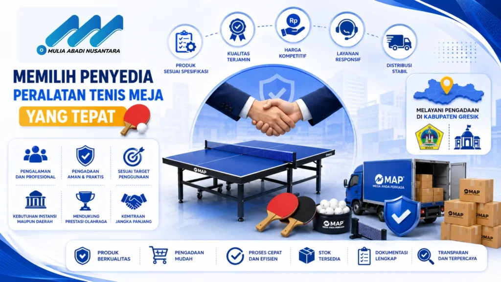 Banner memilih penyedia peralatan tenis meja yang tepat dengan ilustrasi jabat tangan, meja tenis meja, kendaraan distribusi, perlengkapan tenis meja, dan berbagai ikon kualitas, layanan, serta pengadaan dalam desain profesional bernuansa biru.