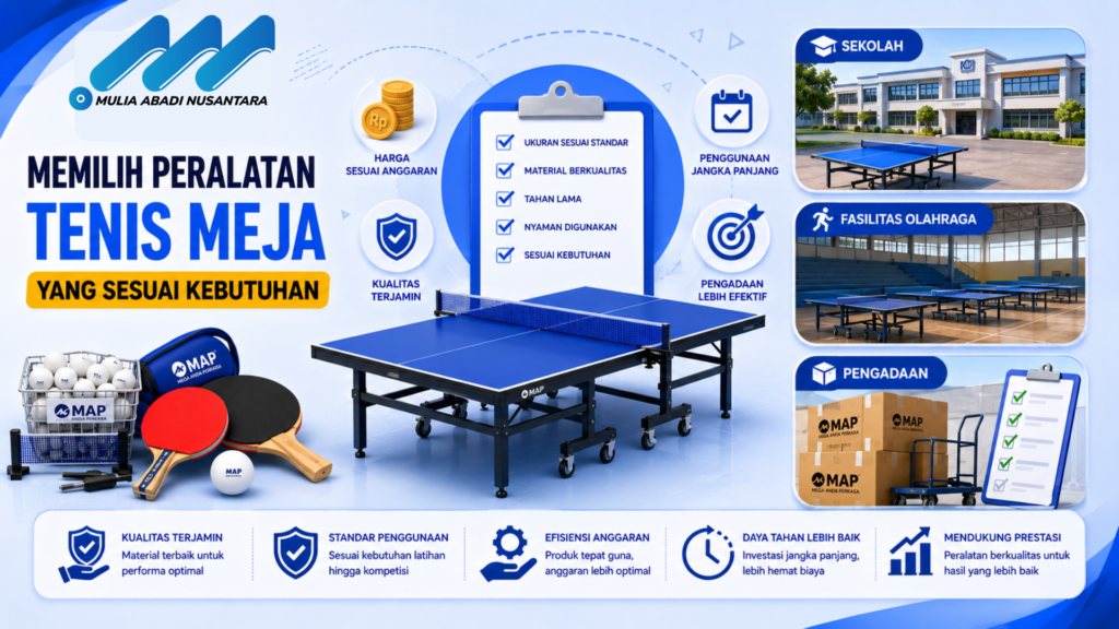 Banner pemilihan peralatan tenis meja sesuai kebutuhan dengan ilustrasi meja tenis, bet, bola, perlengkapan olahraga, serta ikon kualitas, anggaran, dan penggunaan untuk sekolah, fasilitas olahraga, dan pengadaan.
