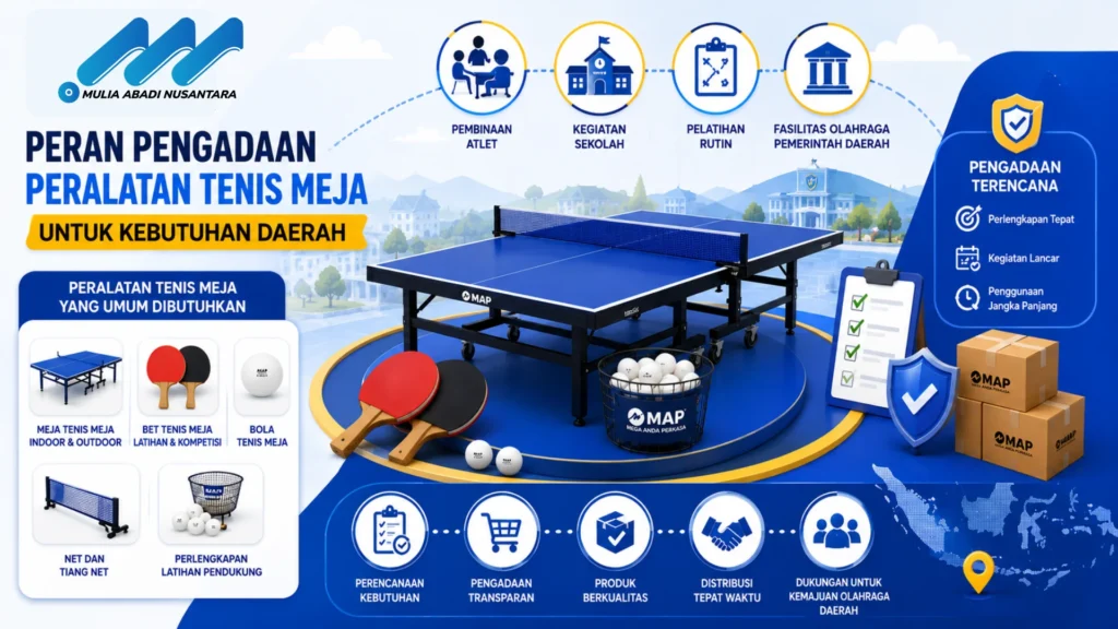 Banner pengadaan peralatan tenis meja untuk kebutuhan daerah dengan ilustrasi meja tenis, perlengkapan olahraga, ikon pengadaan, dan fasilitas olahraga dalam desain modern bernuansa biru.