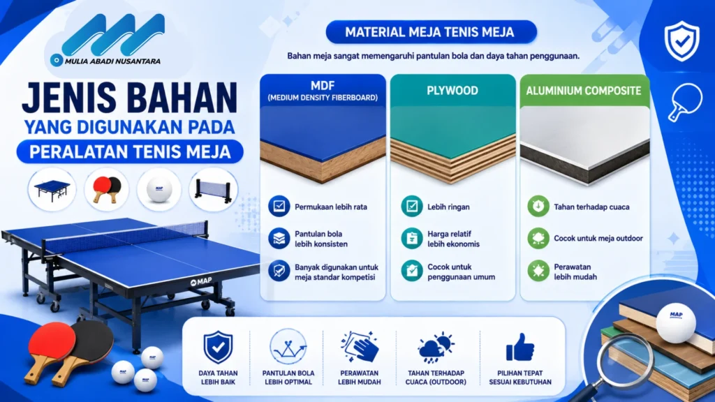 Banner jenis bahan peralatan tenis meja dengan ilustrasi meja tenis, bet, bola, serta perbandingan material MDF, plywood, dan aluminium composite dalam desain modern bernuansa biru.