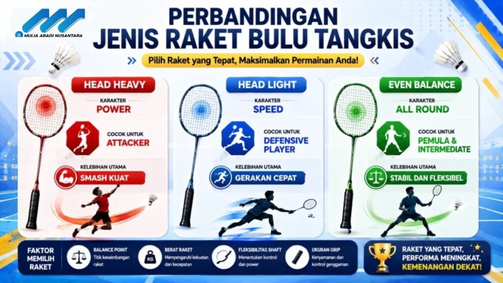 Banner perbandingan jenis raket bulu tangkis dengan ilustrasi raket head heavy, head light, dan even balance, serta informasi karakter, keunggulan, dan tipe pemain yang sesuai.