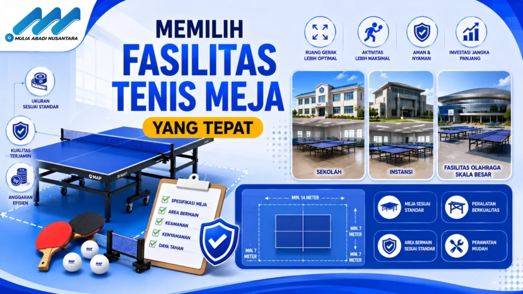 Banner pemilihan fasilitas tenis meja dengan ilustrasi meja tenis, perlengkapan olahraga, area bermain standar, serta ikon kualitas, keamanan, dan efisiensi dalam desain modern bernuansa biru.