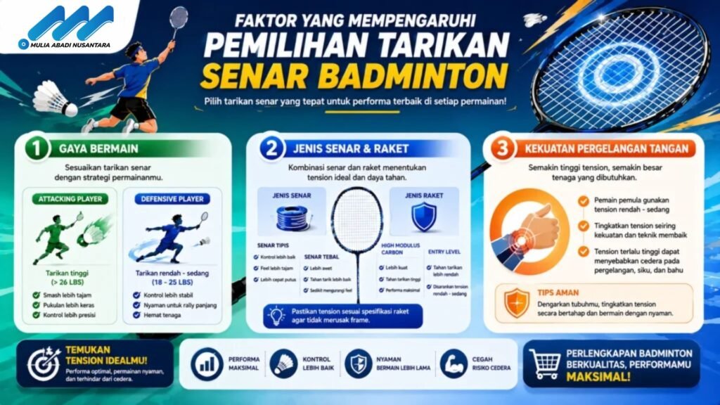 Banner faktor yang memengaruhi pemilihan tarikan senar badminton dengan ilustrasi raket, senar badminton, pemain bulu tangkis, serta ikon gaya bermain, jenis raket, dan kekuatan pergelangan tangan.