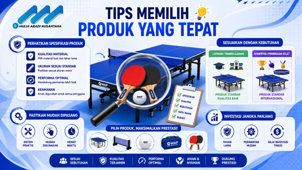 Banner tips memilih produk tenis meja yang tepat dengan ilustrasi meja tenis, bet, bola, kaca pembesar, checklist spesifikasi, dan ikon kualitas, investasi, serta kemudahan penggunaan dalam desain modern bernuansa biru.
