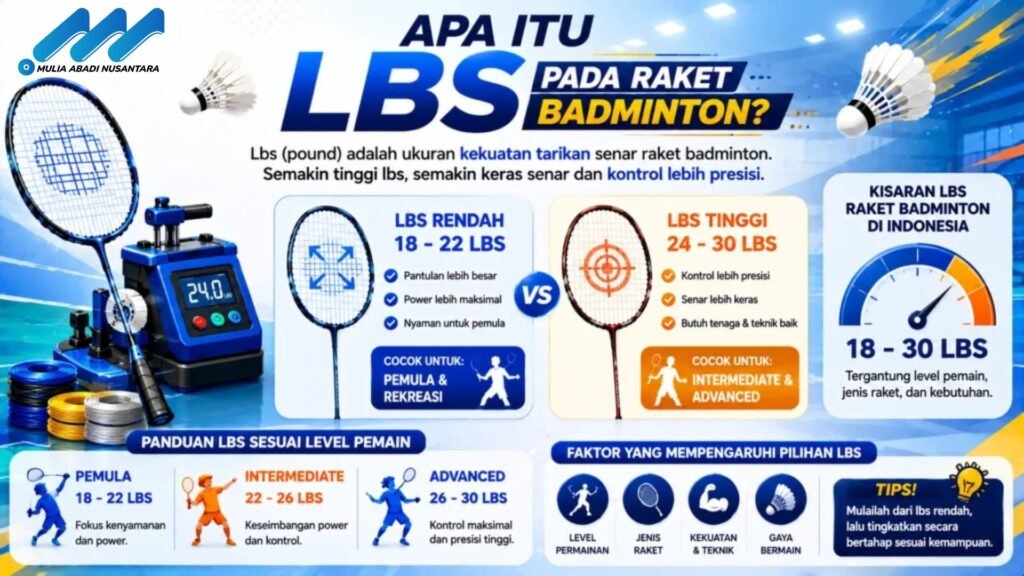 Banner penjelasan ukuran lbs pada raket badminton dengan ilustrasi raket, mesin tarikan senar, shuttlecock, serta perbandingan lbs rendah dan tinggi untuk berbagai level pemain.