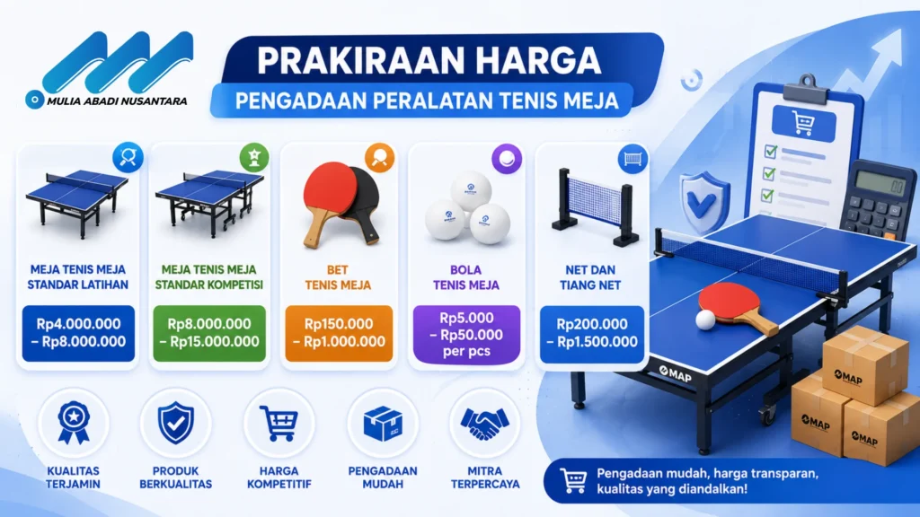 Banner prakiraan harga pengadaan peralatan tenis meja dengan ilustrasi meja tenis, bet, bola, net, ikon pengadaan, kalkulator, dan logistik dalam desain profesional bernuansa biru.