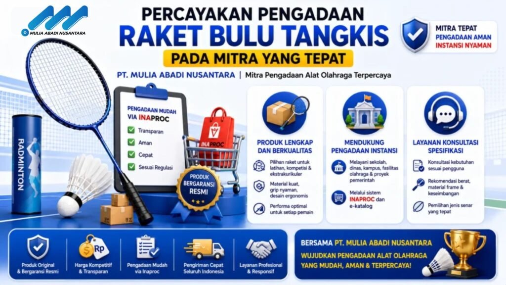 Banner pengadaan raket bulu tangkis dengan ilustrasi raket badminton, shuttlecock, keranjang belanja Inaproc, serta informasi produk berkualitas, dukungan pengadaan instansi, dan layanan konsultasi spesifikasi.