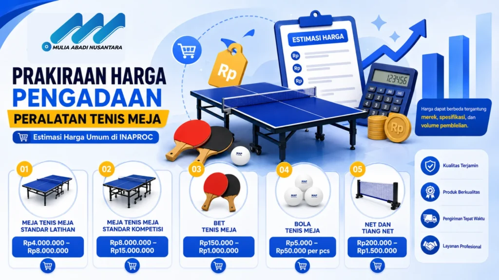 Banner prakiraan harga pengadaan peralatan tenis meja dengan ilustrasi meja tenis, bet, bola, net, kalkulator, label harga, dan ikon pengadaan dalam desain modern bernuansa biru.