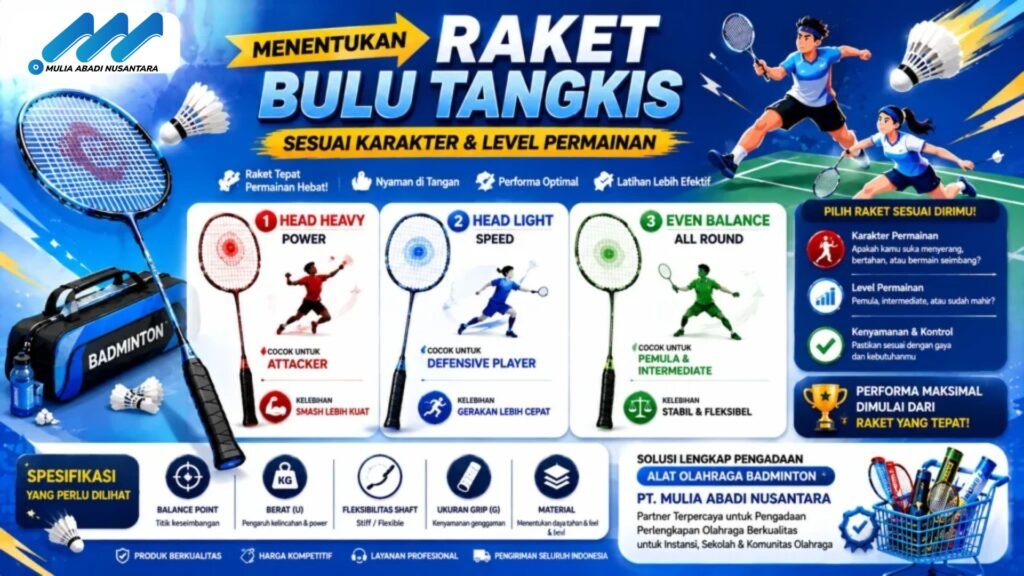 Banner panduan memilih raket bulu tangkis sesuai karakter dan level permainan dengan ilustrasi raket badminton, pemain bulu tangkis, shuttlecock, serta perbandingan raket untuk pemula, intermediate, dan pemain lanjutan.