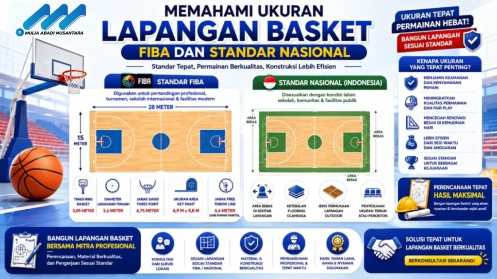 Banner ukuran lapangan basket FIBA dan standar nasional dengan ilustrasi denah lapangan basket, ring basket, bola basket, serta informasi dimensi lapangan dan standar konstruksi olahraga.
