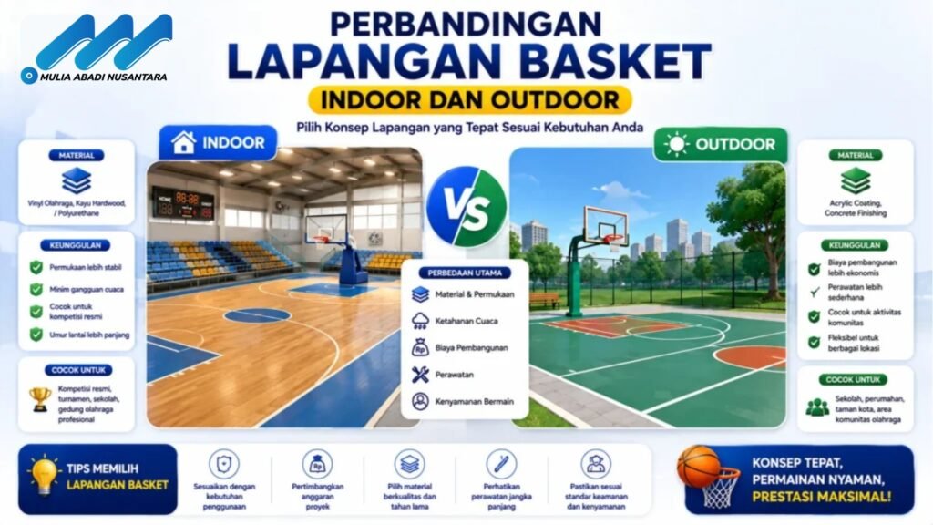 Banner perbandingan lapangan basket indoor dan outdoor dengan ilustrasi lapangan dalam gedung dan lapangan terbuka, serta informasi material, keunggulan, dan penggunaan masing-masing jenis lapangan.