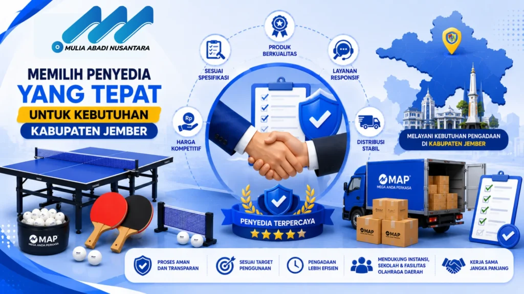 Banner penyedia peralatan tenis meja untuk kebutuhan Kabupaten Jember dengan ilustrasi jabat tangan, meja tenis meja, perlengkapan olahraga, truk distribusi, dan ikon kualitas serta layanan dalam desain modern bernuansa biru.
