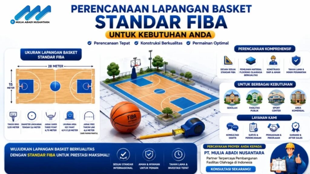 Banner perencanaan lapangan basket standar FIBA dengan ilustrasi desain lapangan basket, bola basket, alat ukur konstruksi, dan informasi standar ukuran untuk sekolah, fasilitas publik, sport center, serta area komersial.