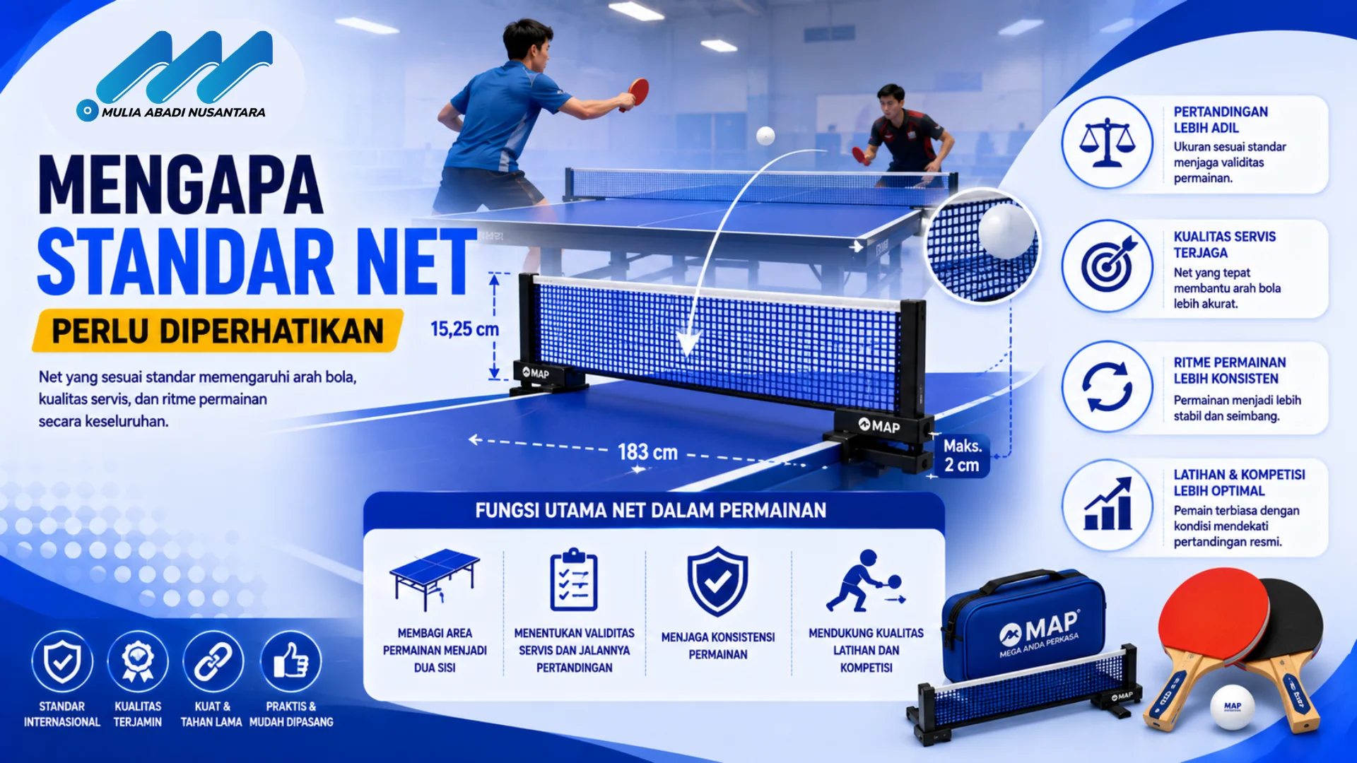 Banner pentingnya standar net tenis meja dengan ilustrasi pemain tenis meja, net standar, meja tenis, serta ikon kualitas permainan, servis, dan latihan dalam desain modern bernuansa biru.