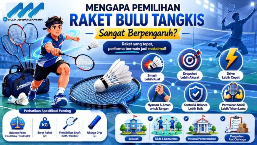 Banner pentingnya memilih raket bulu tangkis dengan ilustrasi raket badminton, shuttlecock, pemain bulu tangkis, dan ikon performa seperti kekuatan smash, akurasi pukulan, kecepatan, serta kenyamanan bermain.
