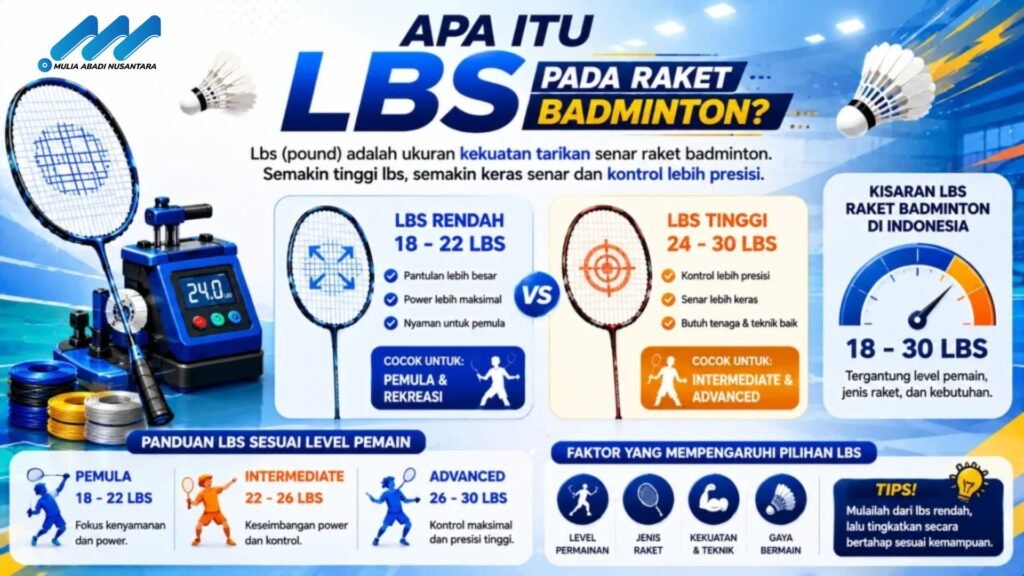 Banner penjelasan ukuran lbs pada raket badminton dengan ilustrasi raket, mesin tarikan senar, shuttlecock, serta perbandingan lbs rendah dan tinggi untuk berbagai level pemain.