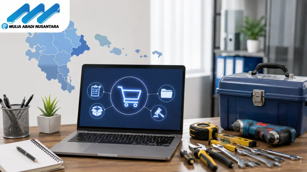 Panduan pengadaan alat perkakas melalui INAPROC Provinsi Bangka Belitung dengan tampilan peralatan kerja dan akses digital.
