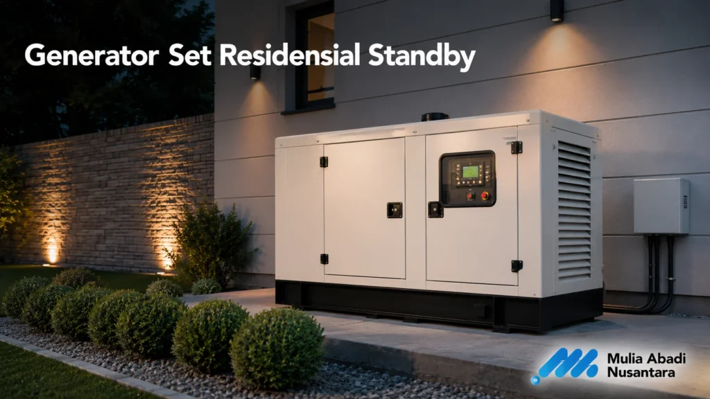 Generator set residensial standby untuk cadangan listrik rumah.
