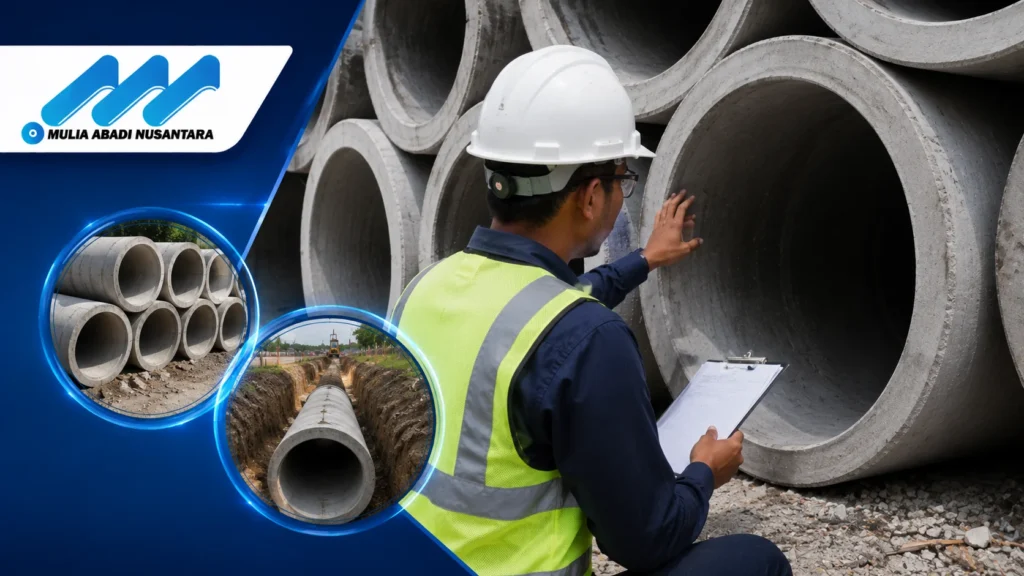 Inspeksi kualitas pipa asbestos cement untuk memastikan kesesuaian spesifikasi pada proyek infrastruktur dan utilitas.